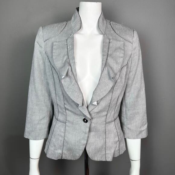 White House Black Market Blazer Jacket size 8 linen ruffle gray feminine office - Picture 2 of 11